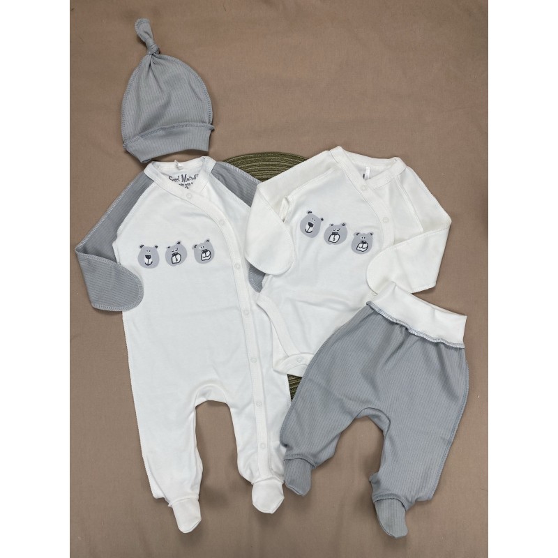 Naujagimio kraitelė išvirkščiomis siūlėmis BEARS/grey  4 dalių