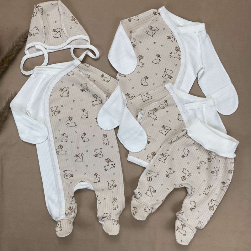 Naujagimio kraitelė išvirkščiomis siūlėmis RABBIT brown/white  5 dalių