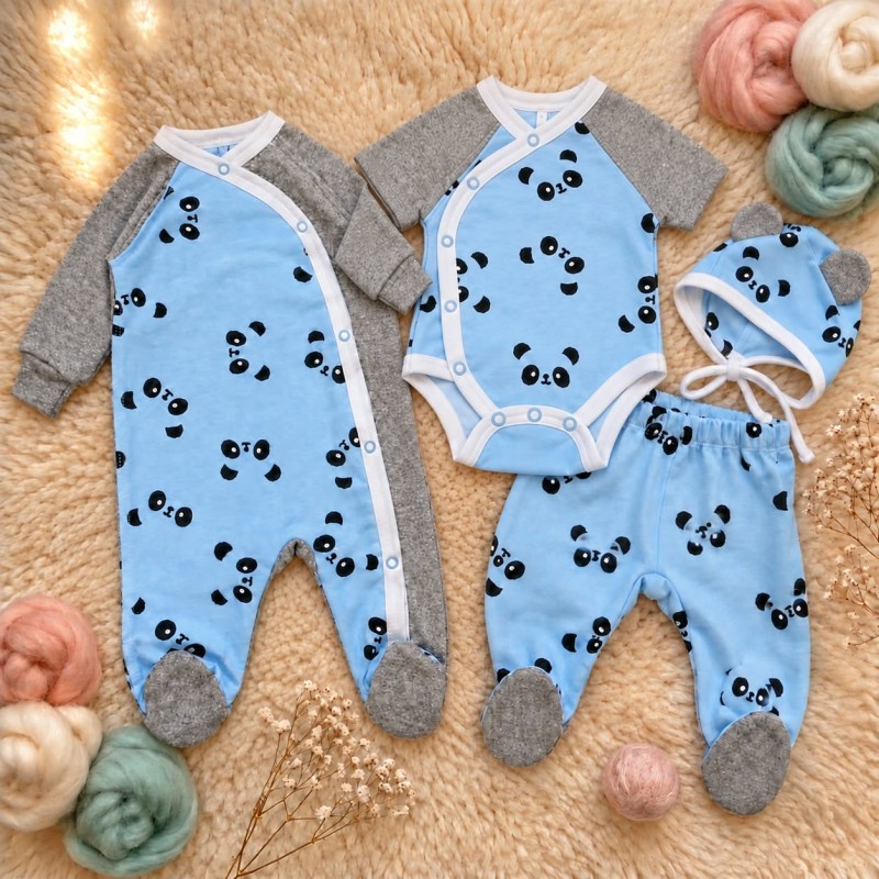 Pašiltinta naujagimio kraitelė išvirkščiomis siūlėmis PANDA blue